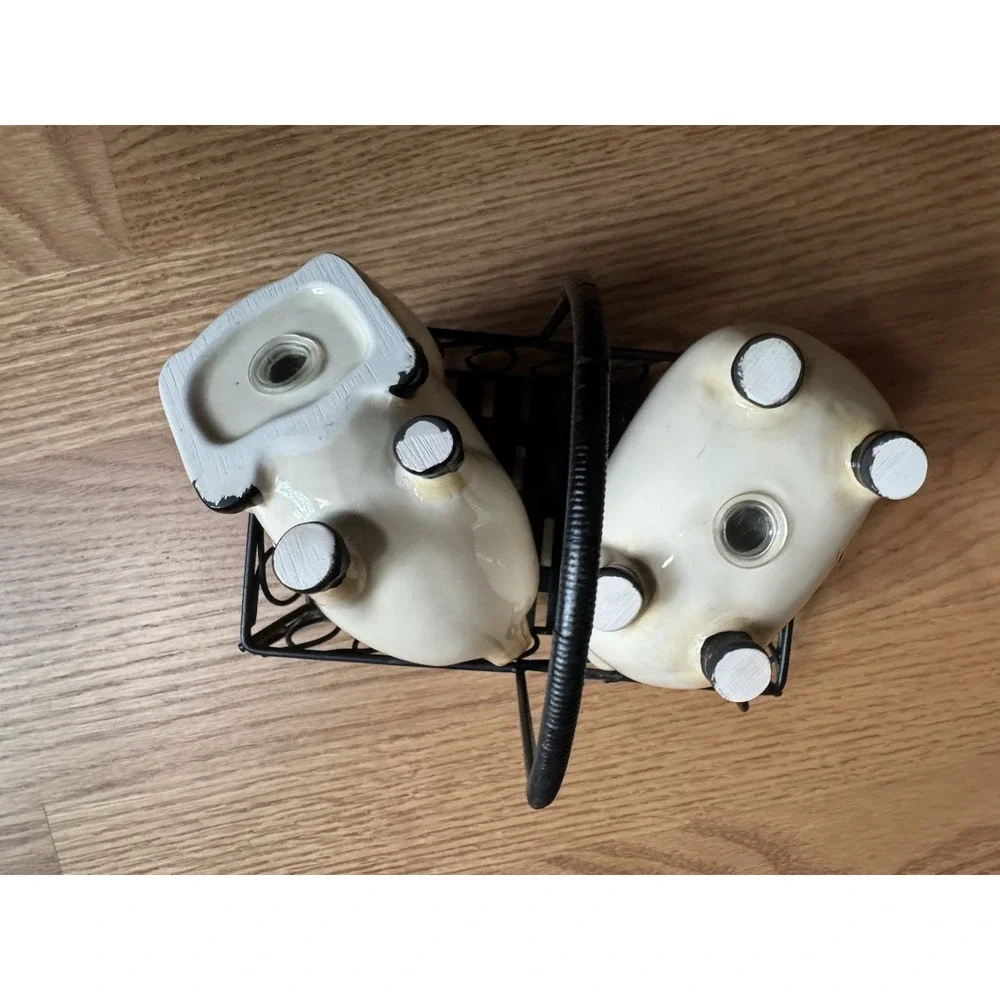Farmhouse Pig Salt and Pepper Shakers with Metal Basket Caddy Kitchen Decor